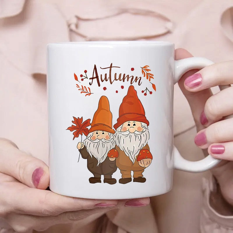 Tailorly White Ceramic 11 oz Mug - Autumn Cute Hand Painted Nordic Characters With Maple Leaf And Falling Foliage Gnomes