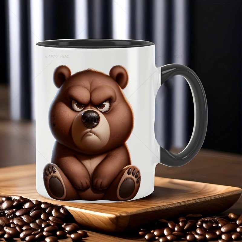 Tailorly Black Accent 11 oz Mug - brown bear with a gaze sitting in a sturdy posture