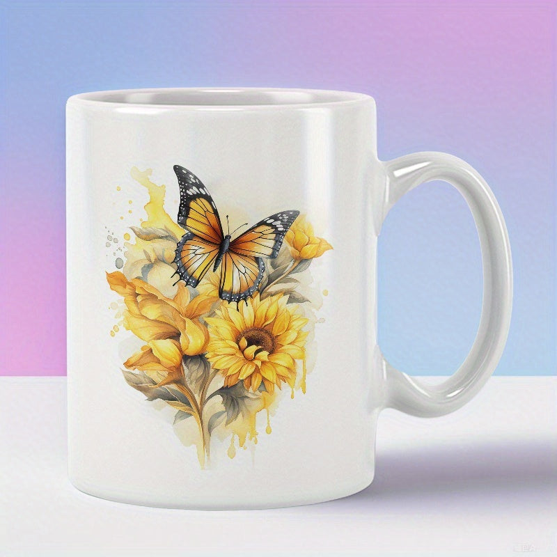 Tailorly White Ceramic 11 oz Mug - Beautiful Artistic Watercolor Butterfly Resting Upon Golden Blooming Vibrant Petals Among Sunflower