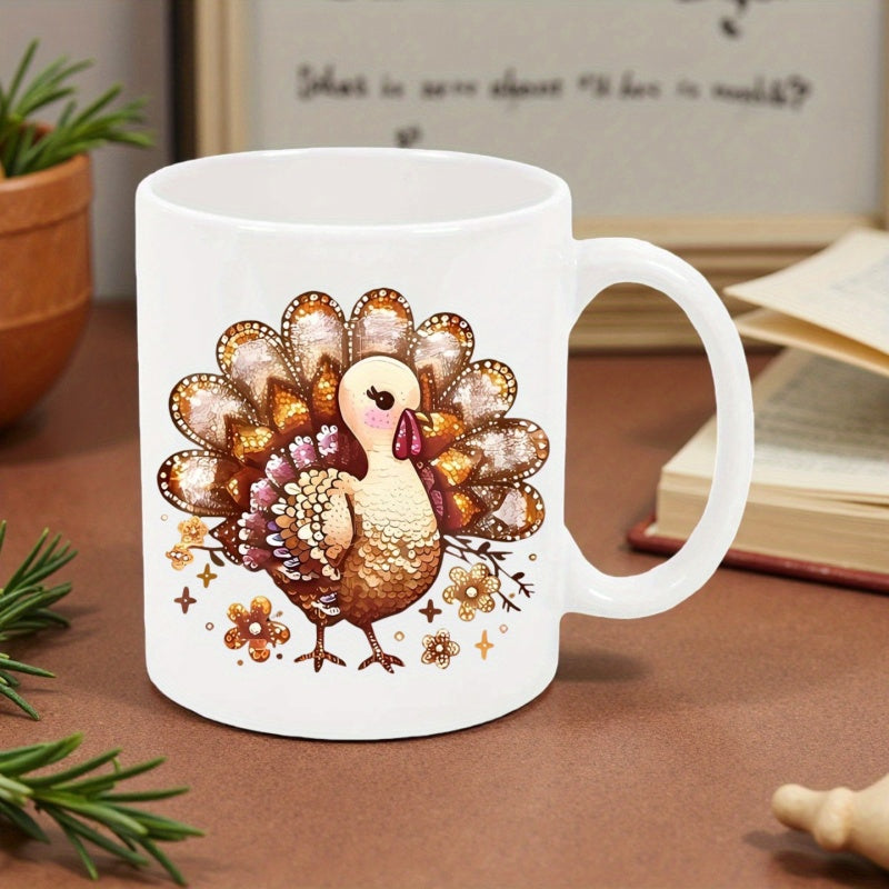 Tailorly White Ceramic 11 oz Mug - Festive Autumn Turkey With Golden Feathers Standing Among Small Flowers Turkey