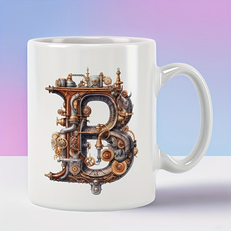 Tailorly White Ceramic 11 oz Mug - Intricate Steampunk Machinery With Rusty Gears And Metallic Industrial Pipes Initial