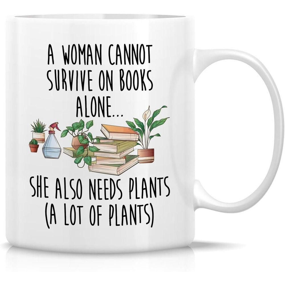 Tailorly White Ceramic 11 oz Mug - A Woman Cannot Survive On Books Alone She Also Needs Plants A Lot Of Plants Watercolor Potted Green Houseplants Beside A Stack