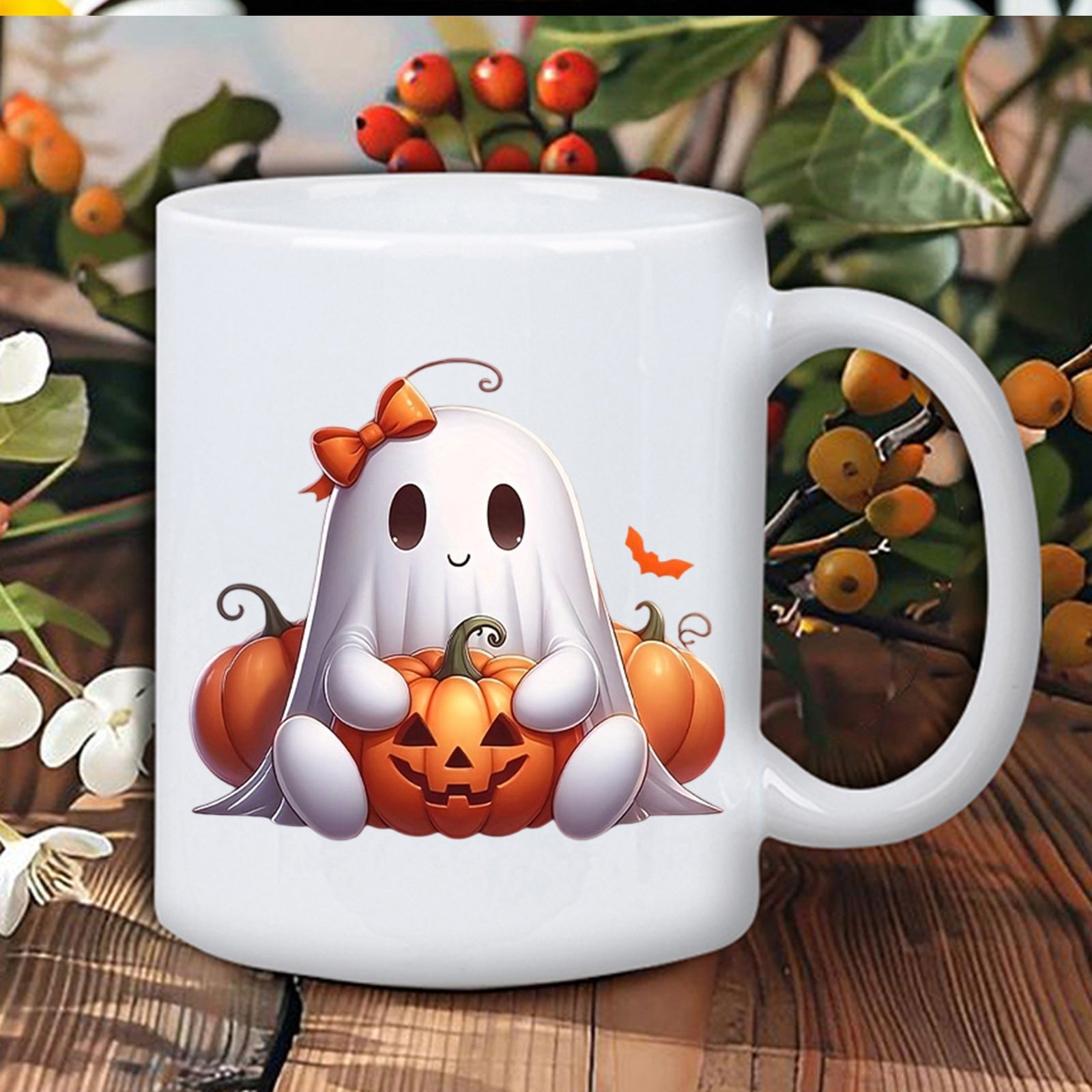 Tailorly White Ceramic 11 oz Mug - Cute Halloween Spirit Holding Carved Pumpkin Surrounded By Autumn Elements Ghost