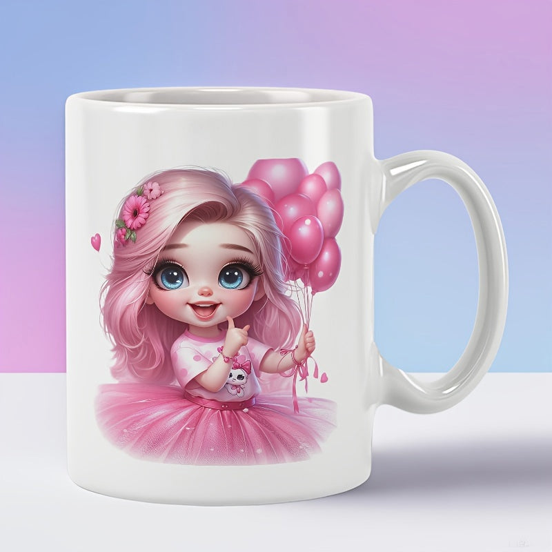 Tailorly White Ceramic 11 oz Mug - Sweet Pink Haired Character Holding Heart Shaped Balloons And Wearing Tutu Girl