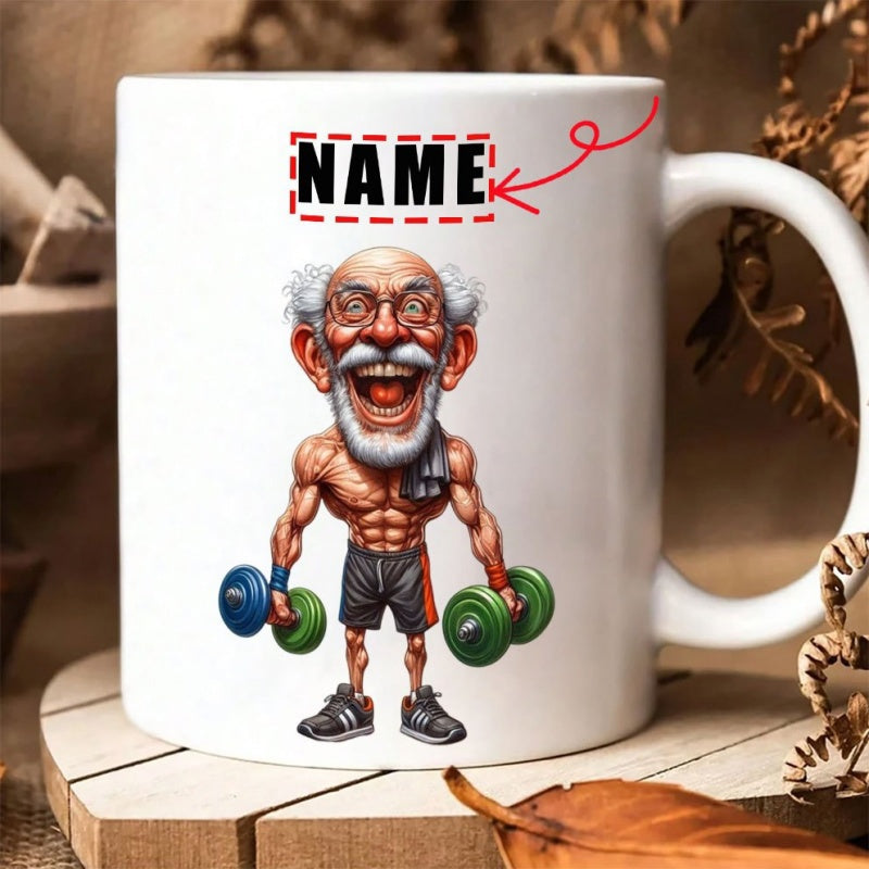 Tailorly White Ceramic 11 oz Mug - Muscular Elderly Man With White Beard Lifting Heavy Colorful Dumbbells Fitness Grandpa