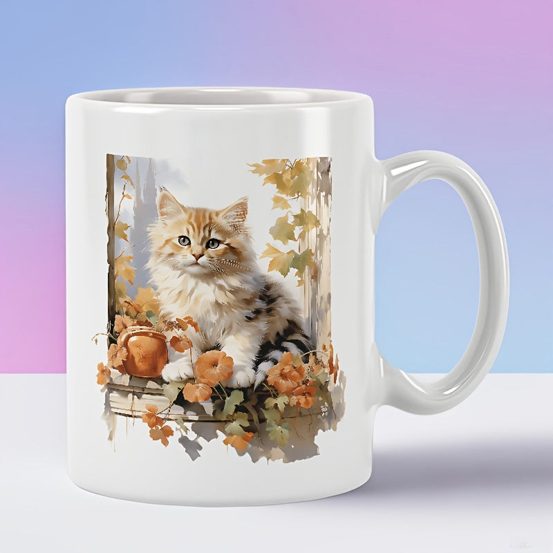 Tailorly White Ceramic 11 oz Mug - Fluffy Kitten Sitting Among Vibrant Autumn Leaves And Small Harvest Pumpkins Cat