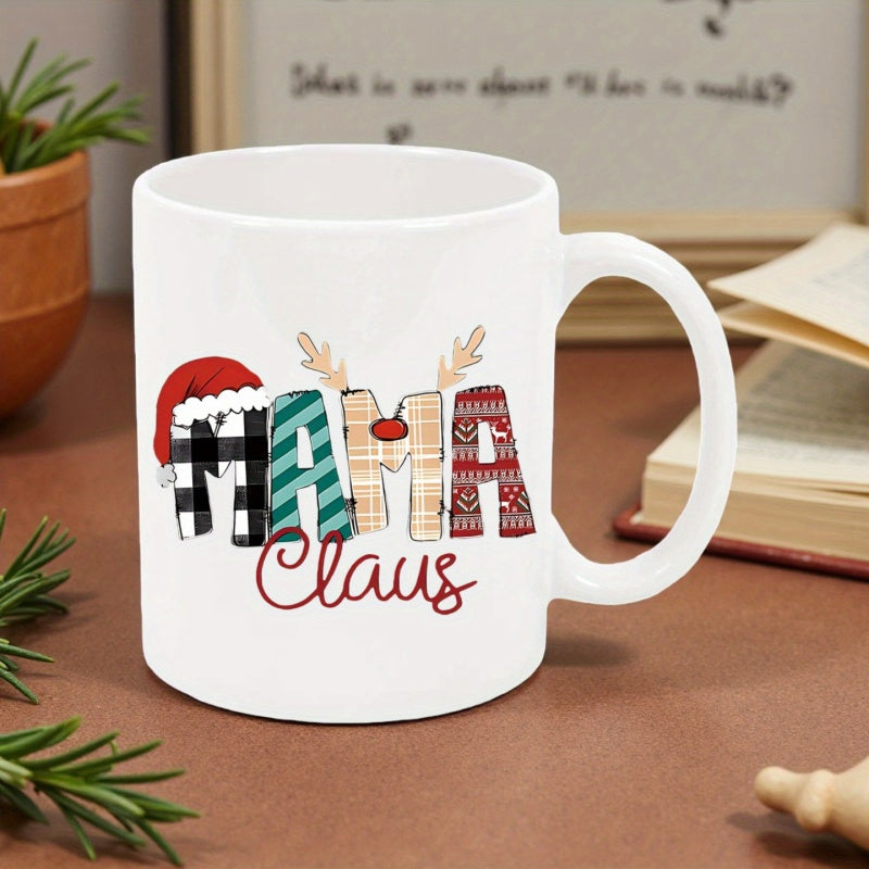 Tailorly White Ceramic 11 oz Mug - Mama Claus Festive Holiday Theme Featuring Plaid Patterned Letters With Santa Hat Reindeer
