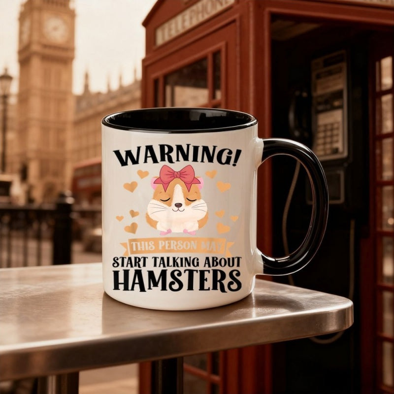 Tailorly Black Accent 11 oz Mug - hamster illustration with warning text