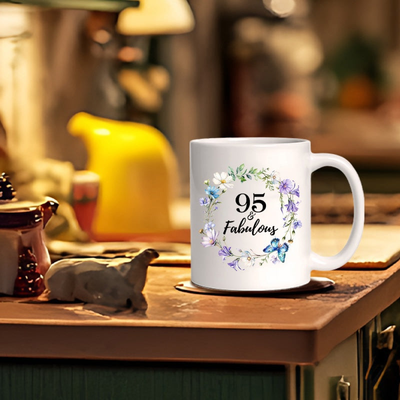 Tailorly White Ceramic 11 oz Mug - 95 Fabulous Delicate Floral Pattern With Colorful Blossoms And Graceful Butterfly Wreath