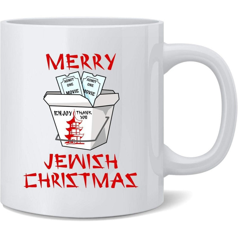 Tailorly White Ceramic 11 oz Mug - Merry Jewish Christmas Classic Chinese Takeout Box With Red Pagoda And Movie Tickets Inside Mug