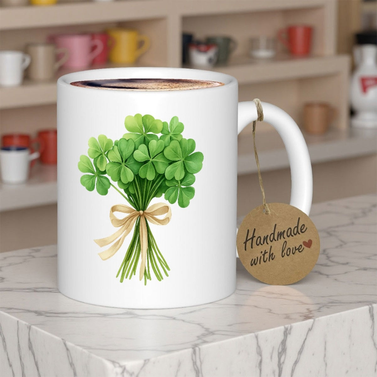 Tailorly White Ceramic 11 oz Mug - Handmade With Love Green Clovers Tied With Elegant Ribbon Among Lush Leaves Stems Bouquet