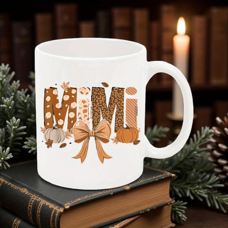 Tailorly White Ceramic 11 oz Mug - Mimi Autumn Patterned Letters With Large Ribbon Bow And Harvest Pumpkins Mug