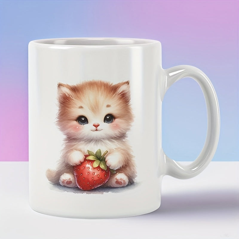 Tailorly White Ceramic 11 oz Mug - Adorable Fluffy Kitten Sitting And Holding A Fresh Red Ripe Strawberry Kitten