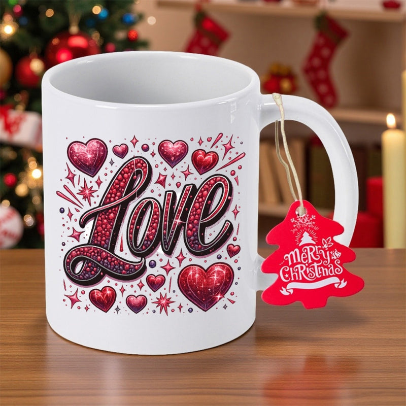 Tailorly White Ceramic 11 oz Mug - Love Merry Christmas Sparkling Red Hearts Surrounded By Twinkling Stars And Elegant Artistic Script Heart