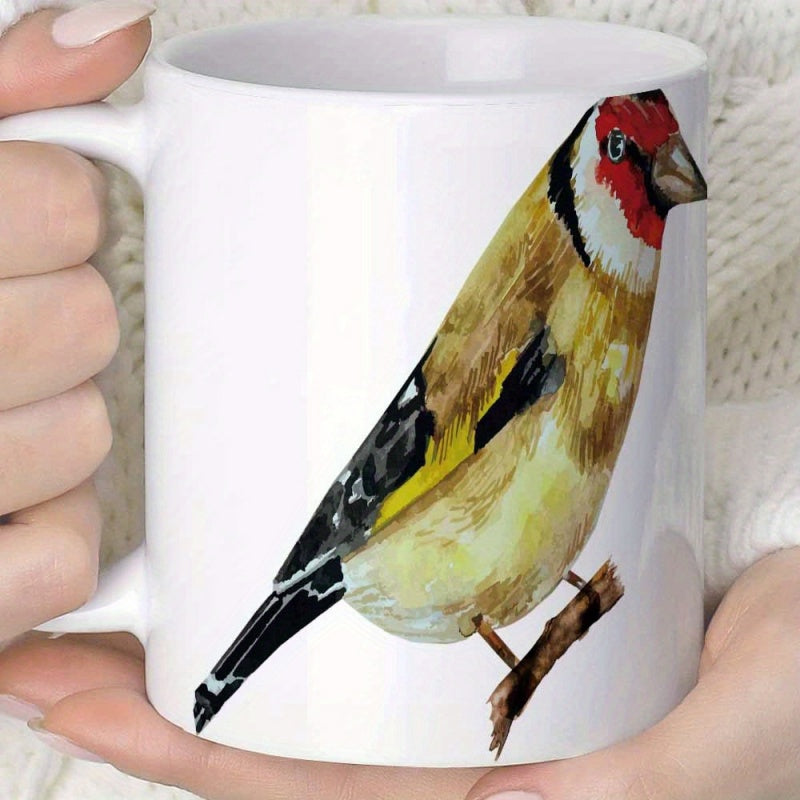 Tailorly White Ceramic 11 oz Mug - Hand Painted Watercolor Perched On A Branch Vibrant Singing Goldfinch