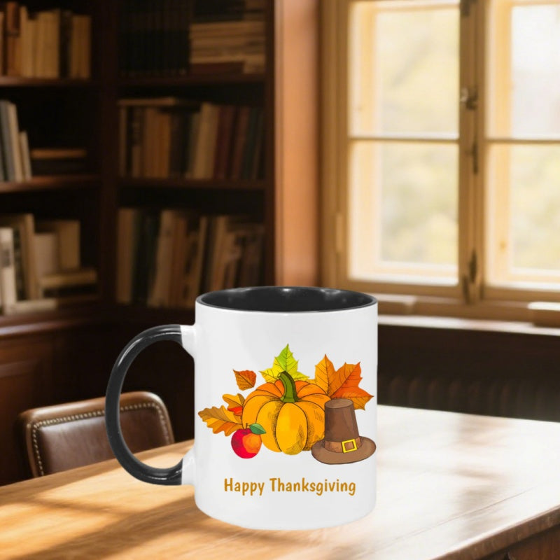 Tailorly Black Accent 11 oz Mug - happy thanksgiving turkey hat autumn pumpkin fall leaves