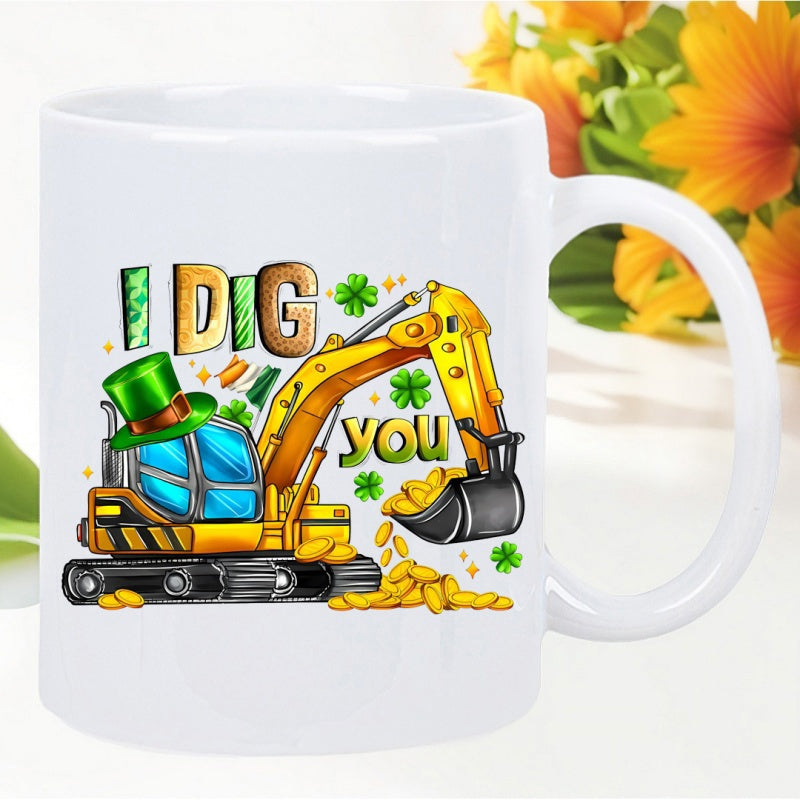 Tailorly White Ceramic 11 oz Mug - I Dig You Vibrant Yellow Excavator Carrying Shiny Gold Coins Amidst Green Shamrocks Excavator