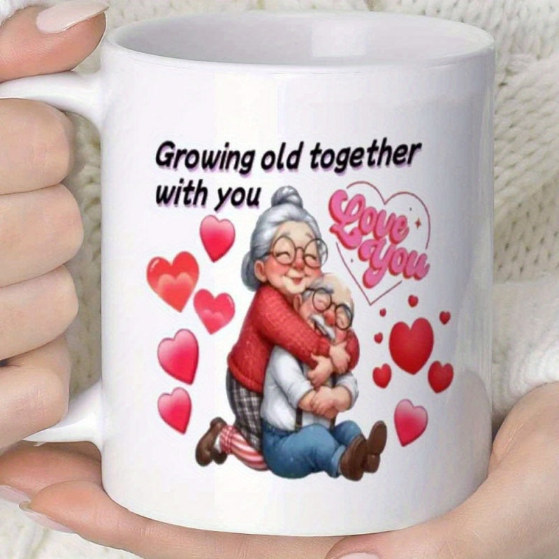 Tailorly White Ceramic 11 oz Mug - Growing Old Together With You Love You Sweet Elderly Couple Embracing Each Other Surrounded By Radiant Hearts Couple