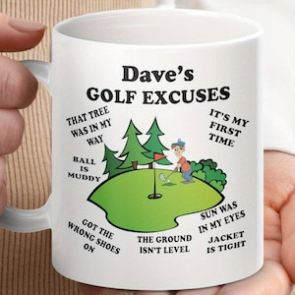 Tailorly White Ceramic 11 oz Mug - Daves Golf Excuses Humorous Cartoon Character Playing On Green Course Among Scenic Trees Golfer