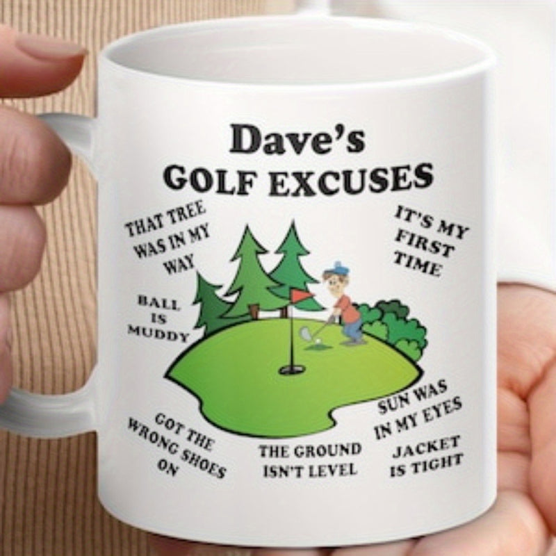 Tailorly White Ceramic 11 oz Mug - Daves Golf Excuses Humorous Cartoon Character Playing On Green Course Among Scenic Trees Golfer
