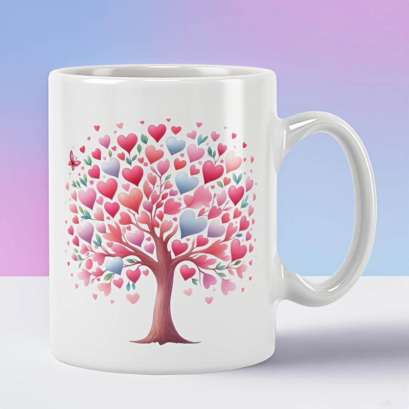 Tailorly White Ceramic 11 oz Mug - Vibrant Colorful Hearts Blooming Among Delicate Leaves On A Romantic Whimsical Tree