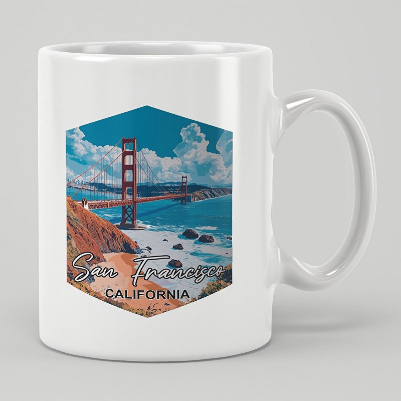 Tailorly White Ceramic 11 oz Mug - San Francisco California Iconic Golden Gate Landmark Over Blue Ocean Water And Scenic Clouds Bridge