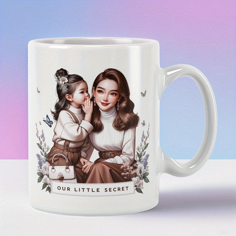 Tailorly White Ceramic 11 oz Mug - Our Little Secret Mother And Daughter Sharing Whispers Surrounded By Flowers And Butterflies Portrait
