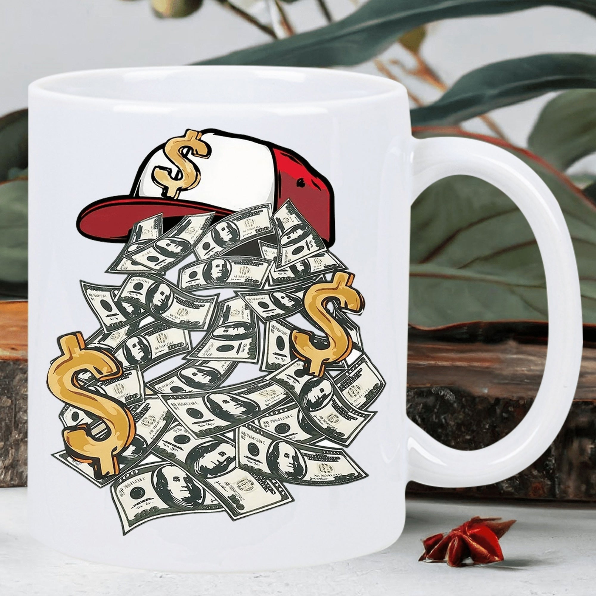 Tailorly White Ceramic 11 oz Mug - Cartoon Stylized Dollar Bills Stacked Under A Classic Red Baseball Cap Money
