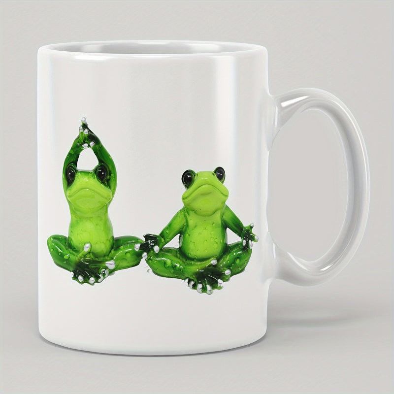 Tailorly White Ceramic 11 oz Mug - Two Vibrant Green Meditating Amphibians Practicing Zen Yoga In Peaceful Poses Frogs