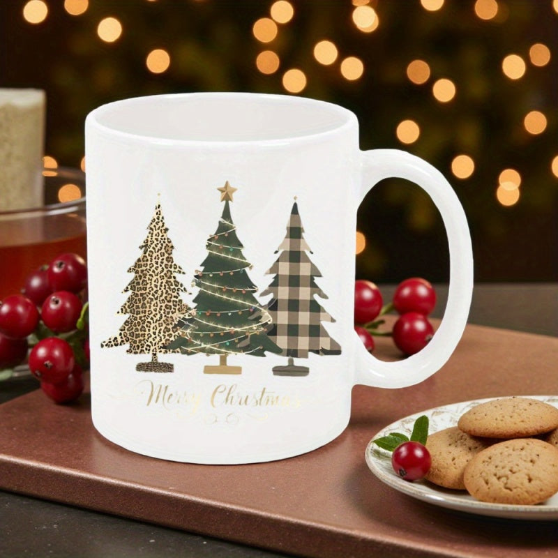 Tailorly White Ceramic 11 oz Mug - Merry Christmas Three Decorative Evergreens With Leopard And Plaid Patterns In Festive Style Tree