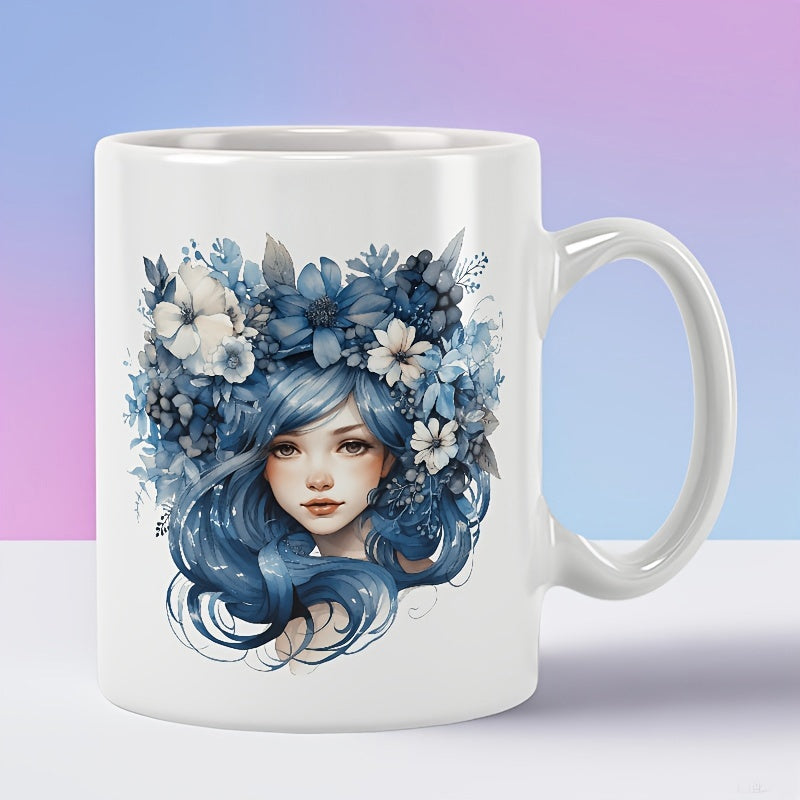 Tailorly White Ceramic 11 oz Mug - Beautiful Maiden With Flowing Indigo Hair Adorned In Delicate Blue Blossom Girl