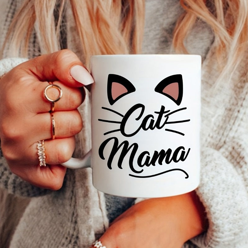 Tailorly White Ceramic 11 oz Mug - Cat Mama Minimalist Black Artistic Lines Featuring Cute Pointed Ears And Whiskers Cat