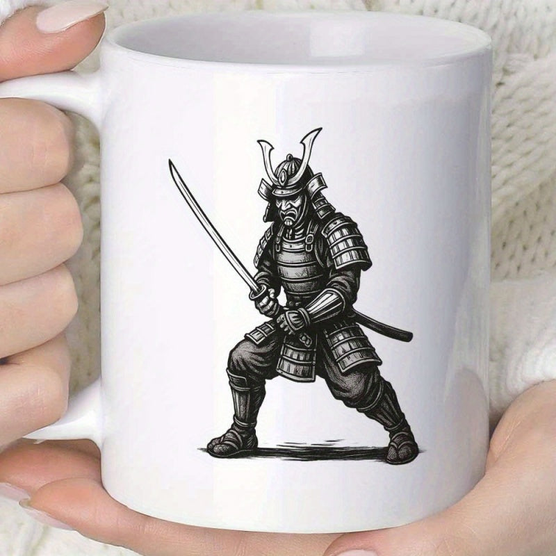 Tailorly White Ceramic 11 oz Mug - Classic Japanese Warrior Holding A Long Katana Sword In Stance Samurai
