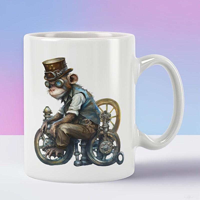 Tailorly White Ceramic 11 oz Mug - Dressed In Steampunk Attire Sitting Among Antique Mechanical Gears And Cogwheels Monkey