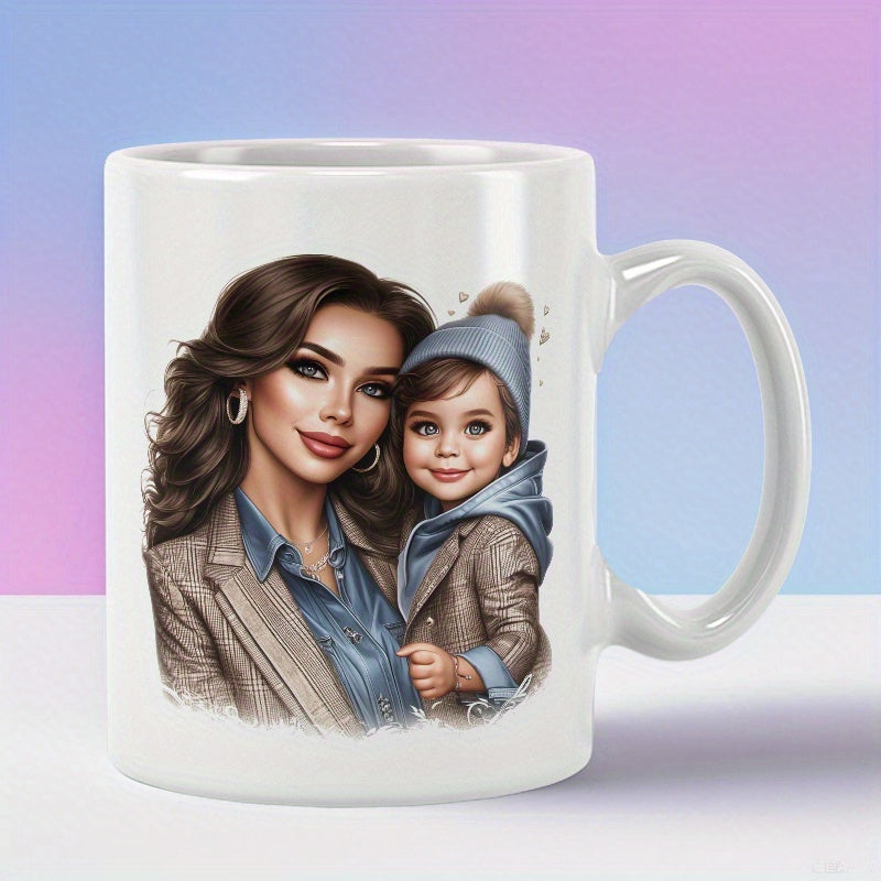 Tailorly White Ceramic 11 oz Mug - Beautiful Young Mother Holding A Smiling Child Wearing Winter Beanie Clothes Portrait