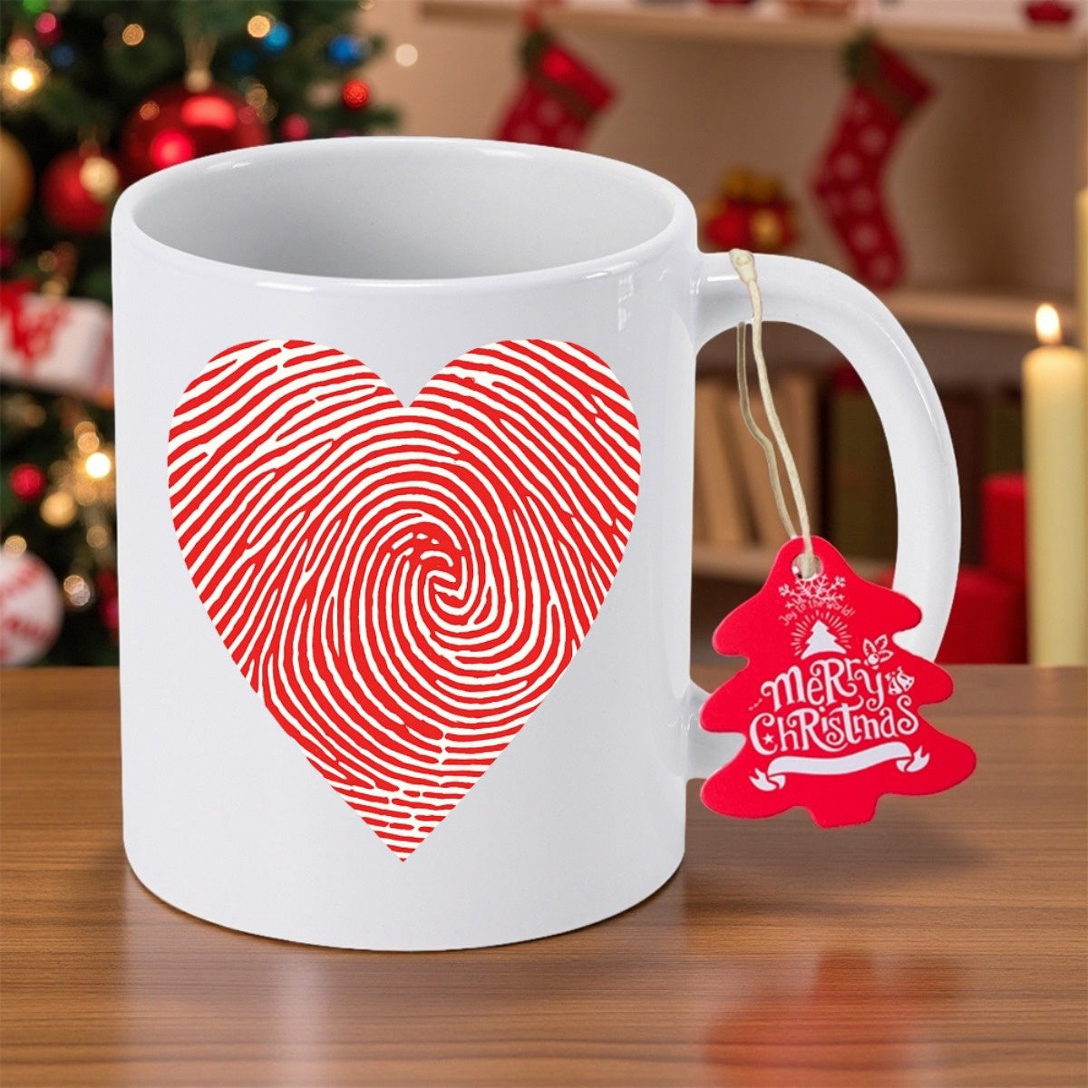 Tailorly White Ceramic 11 oz Mug - Merry Christmas Red Fingerprint Texture Inside A Romantic Heart Shape Heart