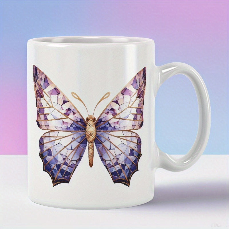 Tailorly White Ceramic 11 oz Mug - Stained Glass Style With Geometric Purple Wings Featuring Gold Accents Butterfly