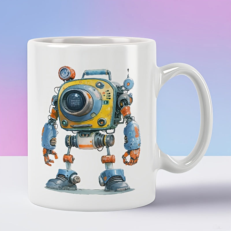 Tailorly White Ceramic 11 oz Mug - Retro Industrial Style Blue And Yellow Vintage Mechanical Camera Head Robot