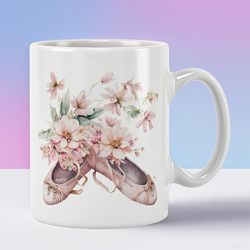 Tailorly White Ceramic 11 oz Mug - Elegant Watercolor Pink Flowers Blooming Over Satin Ribbon Dancing Ballet Slippers
