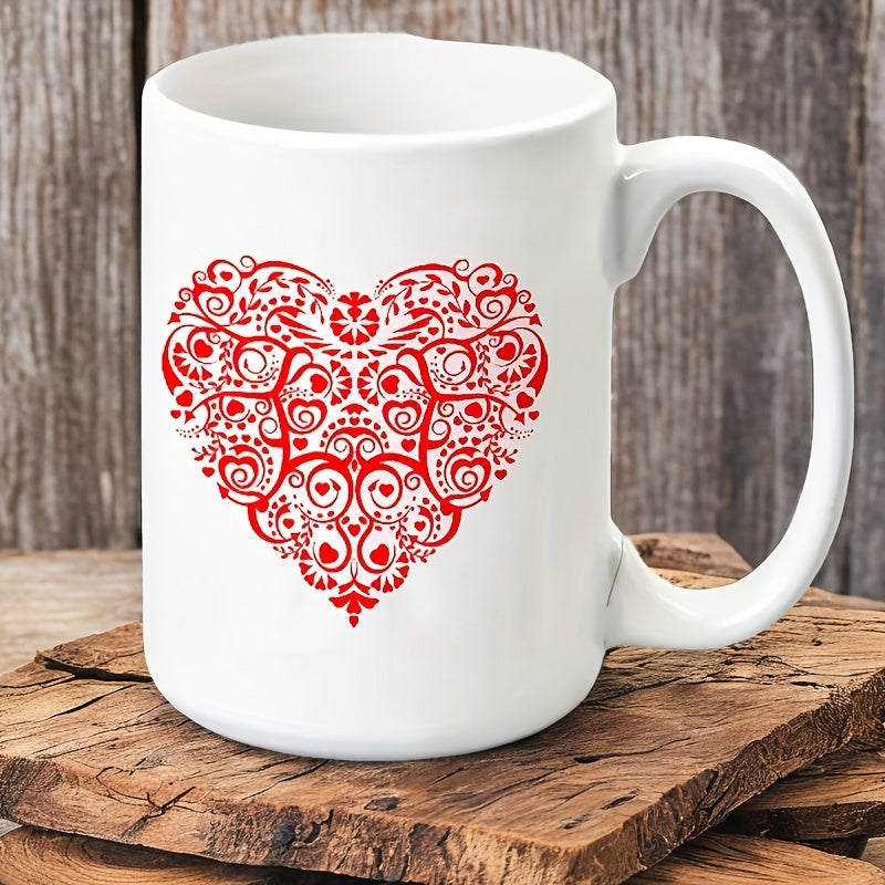 Tailorly White Ceramic 11 oz Mug - Intricate Floral Filigree Pattern Inside A Vibrant Red Decorative Heart