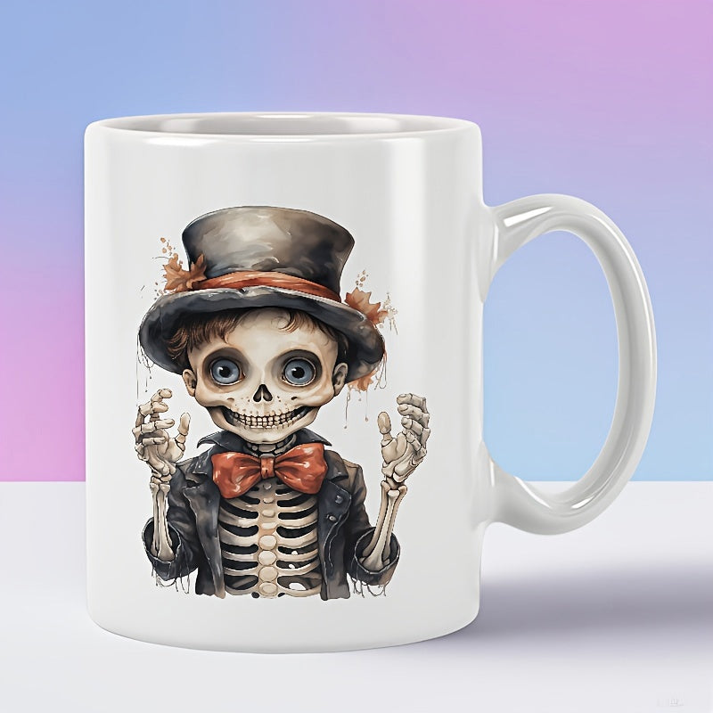 Tailorly White Ceramic 11 oz Mug - Spooky Little Skeleton Wearing A Vintage Top Hat And Bowtie Skeleton