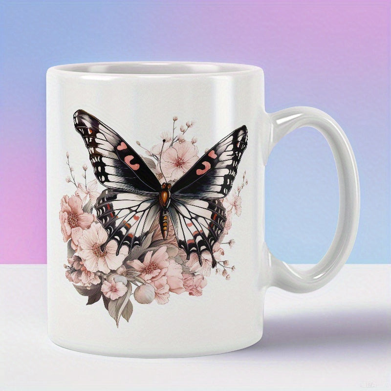 Tailorly White Ceramic 11 oz Mug - Elegant Black And White Wings Resting Among Soft Pink Blossoms Butterfly