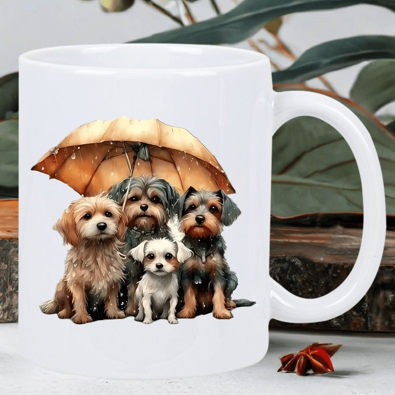 Tailorly White Ceramic 11 oz Mug - Small Fluffy Terriers Huddled Together Shelter Under A Large Brown Protective Umbrella Dogs