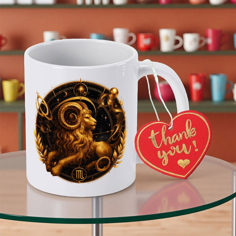 Tailorly White Ceramic 11 oz Mug - Thank You Golden Astrological Zodiac Symbol With Ornate Celestial Details And Stars Ram