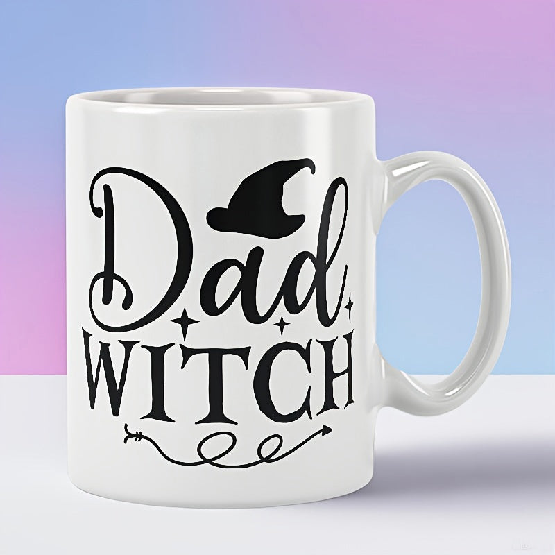 Tailorly White Ceramic 11 oz Mug - Dad Witch Minimalist Black Witch Hat Among Shining Stars And Decorative Swirl Mug