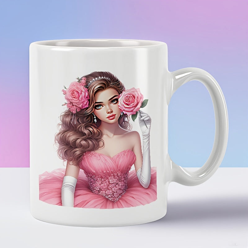 Tailorly White Ceramic 11 oz Mug - Beautiful Elegant Princess In Pink Ball Gown With Roses Girl