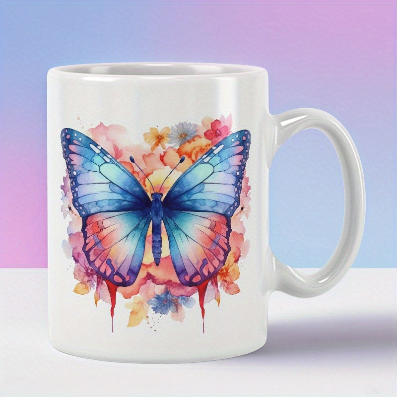 Tailorly White Ceramic 11 oz Mug - Vibrant Watercolor Flowers Blooming Behind A Majestic Winged Blue Butterfly