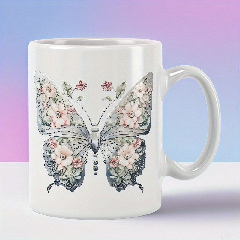 Tailorly White Ceramic 11 oz Mug - Elegant Vintage Style With Blooming Flowers Nestled Inside Wings Butterfly