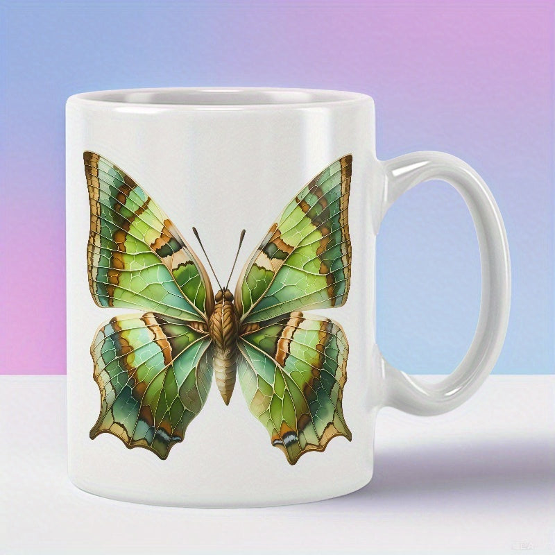 Tailorly White Ceramic 11 oz Mug - Vibrant Green And Brown Detailed Watercolor Wings Resting Butterfly