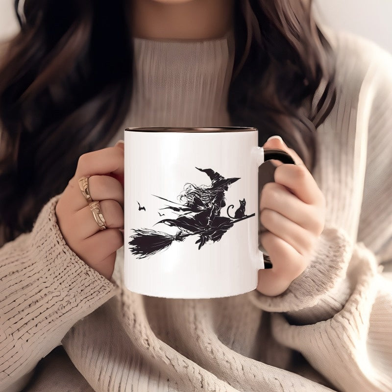 Tailorly Black Accent 11 oz Mug - witch cat on broomstick with kitten design